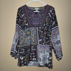 Art and Soul Bohemian Floral Patchwork Beaded Top, M